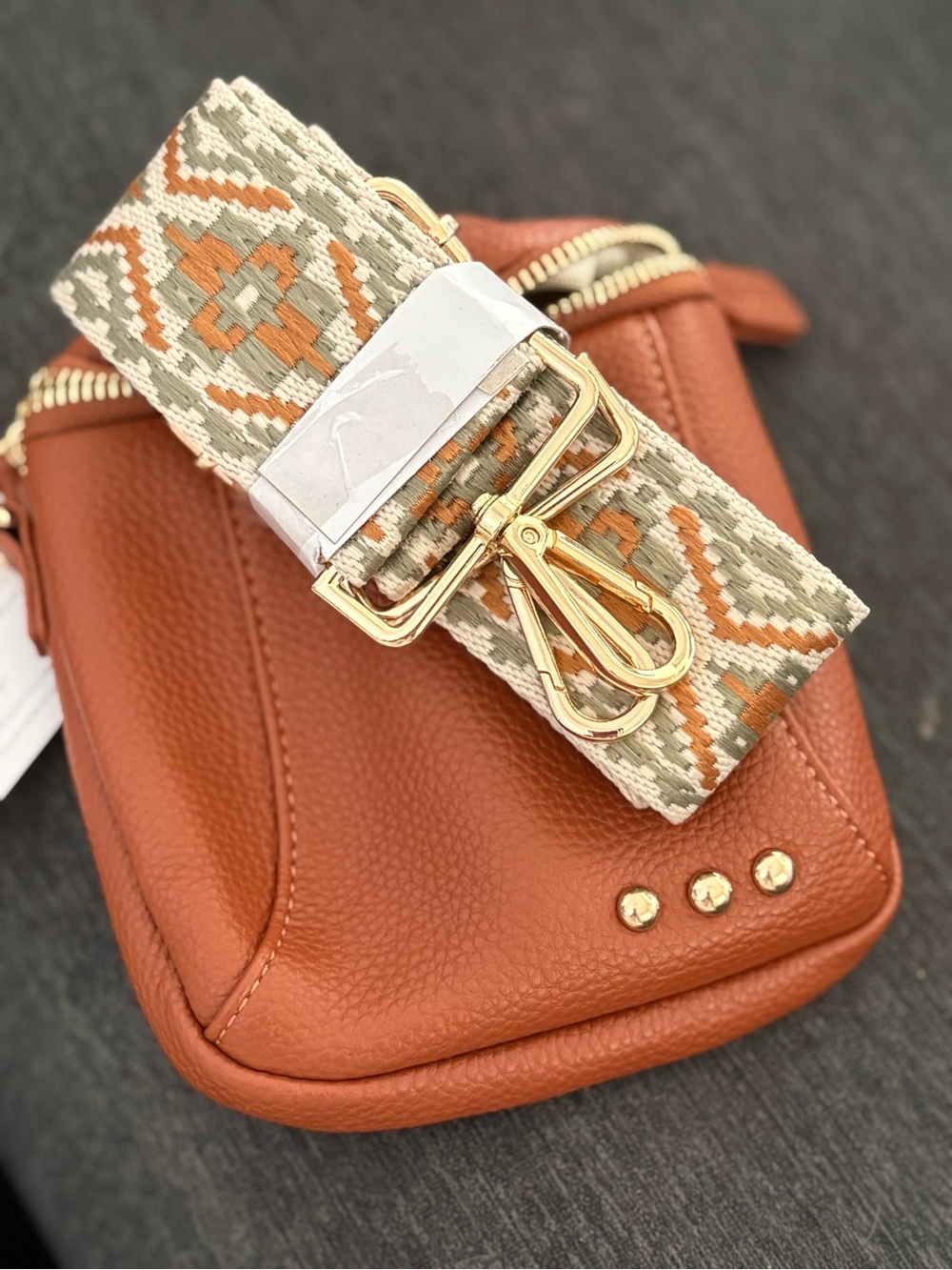 Compact Tan Leather Mini Crossbody with Patterned Detachable Strap